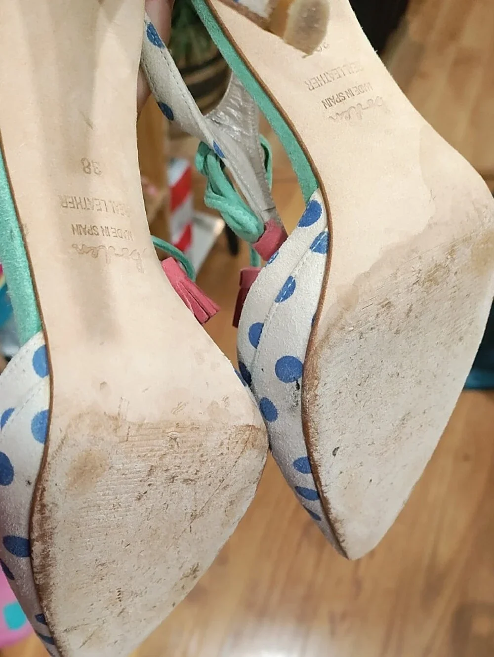 Boden White Pointed-Toe Polka Dot Heels with Blue Dots and Teal Ankle Tie